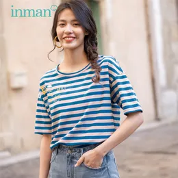 INMAN Summer Womens Thirt с коротким рукавом Женская одежда универсальная полоса печать лучших женщин круглое воротнич