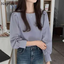 Neploe Spring Women Blus Korean Style Simple Oneck Sweet Fashion Shirts Solid Color AllMatch Casual Femme Blusa 210401