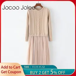 Jocoo jolee Sonbahar Kış elbisesi zarif bayanlar o boyun uzun kollu kazak örgü midi elbise yüksek elstik örgü sıcak kadın elbise 201111