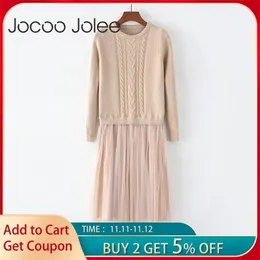 Jocoo Jolee Herbst Winter Kleid Elegante Damen O Hals Langarm Pullover Gestrickte Midi Kleid Hohe Elstic Mesh Warme Frauen kleid 201111