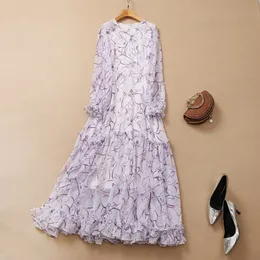 2022 Fall Autumn Long Sleeve Round Neck Lavender Chiffon Print Panelled Long Maxi Dress Elegant Casual Dresses 22G032345 Plus Size XXL