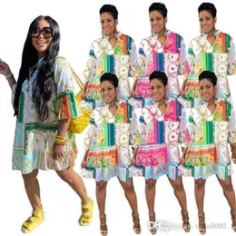 여성을위한 3XL 캐주얼 드레스 디자이너 여름 Outifts 하프 슬리브 버튼 루스 스커트 체인 프린트 다채로운 Pleated Shirt Dress