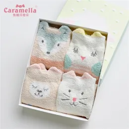 Caramella 4Pairs Winter Fleece Kids Socks Cute 3D Ear Animal Thick Warm Socks Baby Girl Boy Funny Happy Socks Gift Box Set LJ201216