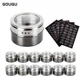 Gougu Magnetic Spice Jar med klistermärken Rostfritt stål Spice Tins Pepper Seasing Sprayes Tools 220801