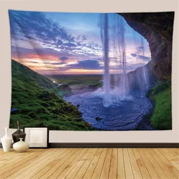 Waterfall Mountain Tapestry Psychedelic Mandala Tree Nature Landscape Starry Wall Hängande filt Village Dorm Decor Sofa Carpet J220804