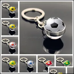 Keychains modetillbehör Mticolor Football Time Gem Metal Keychain Keyring Double-Sided Glass Ball Charm Pendant Creative Women Men Jew