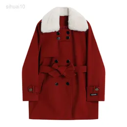 Fur Collar Wool Coat Women Winter Red Christmas New Double-Breasted Lace-Up Thick Mid-Length Long Sleeve Female Cotton Coat L220725