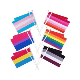 Rainbow Pride Flag Small Mini Hand Held Banner Stick Gay LGBT Party Decorations Supplies For Parades Festival DHL F060701