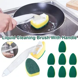 SOAP Dispensing Brush Set med 1 Dish Tvätthandtag 9 Svamp Ersättare Huvud Köksvask Skrubber Rengöringsverktyg 220629