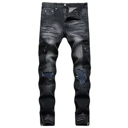 Siyah kot erkekler ince fit yan cep düz bisikletçisi denim pantolon motosycle erkekler hip hop pantolon erkek büyük boyutu 30-44