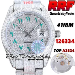 RRF mais recente cf126334 A2824 relógio masculino automático tw126300 bf126333 diamantes verde mostrador árabe 904L aço gelado pulseira de diamante super edição relógios da eternidade
