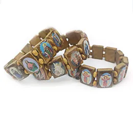 Religious Catholic Jewelry Christian Supplies Wooden Icon Drip Oil Stretch Rosary Bracelets