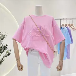 Популярные новости Женская футболка Свободная розовая женская одежда с буквами с коротким рукавом Повседневная летняя футболка для студенток и девушек Модная куртка Base 0621