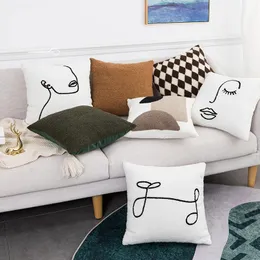Coussin/oreiller décoratif broderie abstraite housse de coussin 45x45cm blanc géométrique fait à la main coton pour canapé-lit chaise salon HomeCushi