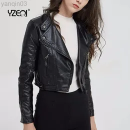 Yzeqi Street Style Women Short Motorcycle Pu Leather Jacket Autumn Fashion Faux Soft Leather Coat Black Zipper Outerwear L220801