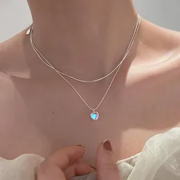 Pendanthalsband Moonstone Heart Necklace For Women Double Layer Silver Color Clavicle Collar Chain Girls Romantic Love Choker Jewelrypenda