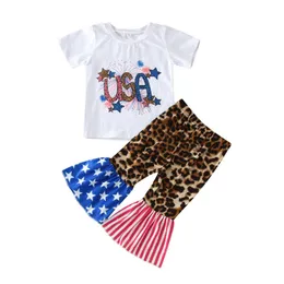 Kläderuppsättningar Independence Day 1-6y Kids Girls Set 4: e juli Letter T Shirt Topps Leopard Print FLAGE PANTS Bell Bottoms 2st Outfit tyg