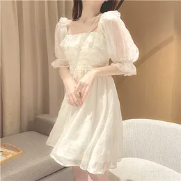 Fransız Yaz Dres Beyaz Puf Kollu Kore Tarzı Peri Elbise Dantelli Şifon Japonya Tarzı Kawaii Elegant Vintage Elbise 220517