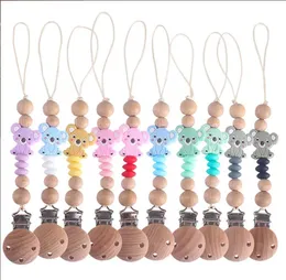 INS baby Safty Wood Food Silicon Pacifier Holder Clips Bear Shape And Beads Ball Design Anti-Dropping Teething Training Infant Suitable For 0-3Months