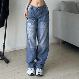 Jeans cargo stampati Harajuku Y2K Blu scuro marrone Vita alta Streetwear 90S Jeans larghi Pantaloni donna Jeans a gamba larga dritti 220701