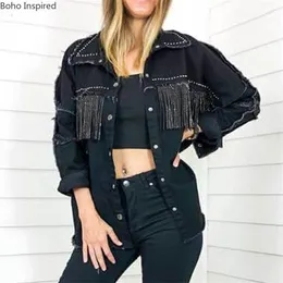 Boho Inspired Black Fringe Trim Denim Jacket for women long sleeves button cuffs fashon jacket coat women winter outwear