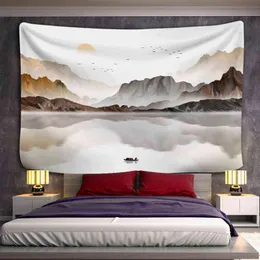 Tapestry Sunset Mountain Forest mattvägg hängande japansk illustration Bohem