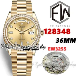 EWF EW128348 EW3255 EW3255 자동 남성 시계 36mm 다이아몬드 베젤 다이아몬드 마커 다이얼 골드 904L 동일한 직렬 보증 카드 영원