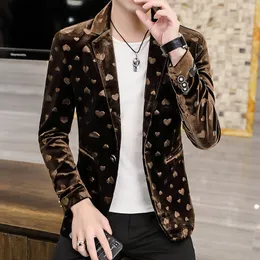 Hoo Men's Four Seasons Heart-Shaped Jacquard Blazer Gold Velvet Casual Slim Handsome Blazer Jacket 220409