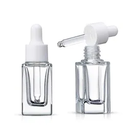 Frasco conta-gotas de vidro quadrado transparente para perfume, frasco de óleo essencial 15 ml com tampa branca/preta/dourada/prateada