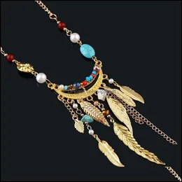 Pendant Necklaces Fashion Long Leaf Crystal Tassel Necklace Pearl Stone Bead Sweater Chain Dress Jewelry Vipjewel Drop Deliv Vipjewel Dhlle