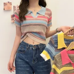 Runway Sommer Mode Frauen Hit Farbe Gestreiften Pullover Koreanische Kurzarm Casual POLO Kragen Eis Seide Gestrickte Pullover Top 220817