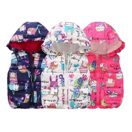 Girls Hooded Graffiti Vest Caton Children's Winter Clothing Warm Waistcoat