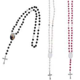 vintage sublimation blank cross necklace woman thermal transter ABS beads Photo Frame Red Purple Black white Beads for women long Pendant Necklaces Jewelry Gift
