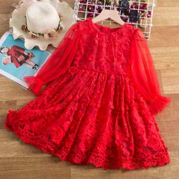 Long Sleeve Dresses For Girls Kids Christmas New Year Wedding Clothing Children 3-8 Y Red Lace Princess Party Tutu Winter Dress G220428