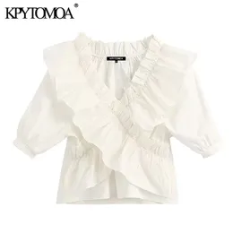 KPYTOMOA Kvinnor Sweet Fashion Ruffled White Bluses Vintage V Neck Short Sleeve Stretch Female Shirts Blusa CHIC TOPS LJ200812
