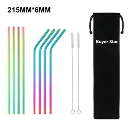 Customized 215mm Gold Drinkware water Stainless Steel Metal Drinking Straws with Brush Portable Bag wholesale 220621