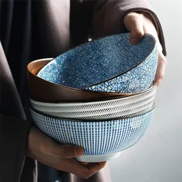 8 tum Japanska Ramen Bowl Keramik Nudelskål Stripe Design Stor soppa Skål Restaurang Hushåll Retro Porslin 220408