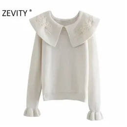 Zevity Women Fashion Flower Embroidery Turn Down Collar Casual Knitting Sweater Female Chic Flare Sleeve Pullovers Tops S431 201221