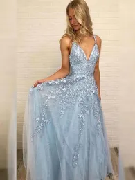 Stunning Light Sky Blue Lace Appliqued Evening Dresses Sexy A-Line V-neck Sleeveless Floor-Length Tulle Prom Dresses Bridesmaids Gowns BC12896 0509