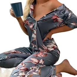 Pajama femme 2 -częściowy zestaw damski Krótki rękaw piżamą letnie satynowe jedwabne spodnie Sube Set PJS Mujer pijama śpiąca 220527