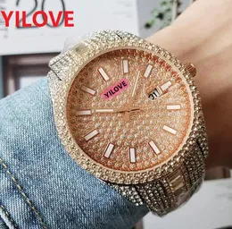 Orologio da uomo Super Edition Factory con diamanti brillanti 42 mm Orologio da polso con calendario in oro rosa da tavolo Movimento al quarzo impermeabile Orologi da regalo per feste