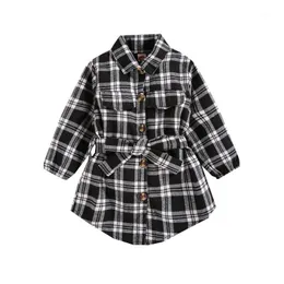 Vestidos de menina 2022 0-4y Criança criança vestido de manga longa de manga longa Spring outono estampado de lapela de lapela com peito com roupas casuais de cinto