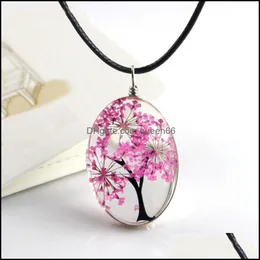 Ciondolo Collane Pendenti Gioielli Retro Collana di fiori secchi reali Albero della vita Corda di cuoio a forma di vetro Lungo per le donne Regalo Drop Delive