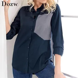 Women Patchwork Blouse Shirt Long Sleeve Turn Down Collar Lady Office Shirt Casual Tops Blouse et Chemisier Femme Plus Size 210414