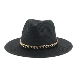 Berets Women's Hat Men Caps Wide Brim Khaki Black Panama Band Band Chain Straw Straw Outdoor Summer Sun Beach Hats Gorras Para Mujerberets