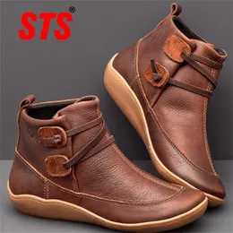 STS Women Boots Autumn Leather Flat Shoes Fashion Martin Short Boots Female Retro Nonslip Casual Womens Shoes Zapatos de Mujer 201105