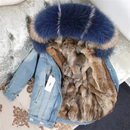 Oftbuy Winter Jacket Женщины настоящий меховой пальто Parka Real Raccoon воротник REX кроличьи полосатые бомбардировщики Джинсовая куртка уличная одежда 201112