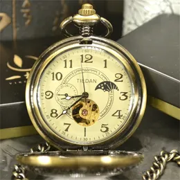 Tiedan Luxury Skeleton Bronze Retro Antique Skeleton Mechanical Packwatch Men Chain Necklace Business Pocket Fob Watches T200502