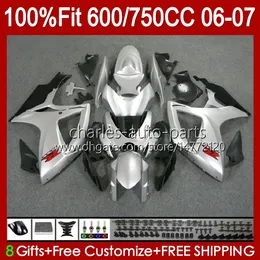 OEM Body для Suzuki GSXR-600 GSXR750 K6 GSX-R750 06-07 Кузов 130NO.67 GSXR 750CC 600CC 750 600 CC GSXR600 06 07 GSXR-750 2006 2007 2007 Форма для инъекций обтекает глянцевый серебристый