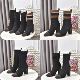 Designer Socks Boots Laureate Knitted Elastic Knitting Chunky High Heels Shoes Winter Party Women Pointed Toes Ankle Boot Sexy Lady Letter